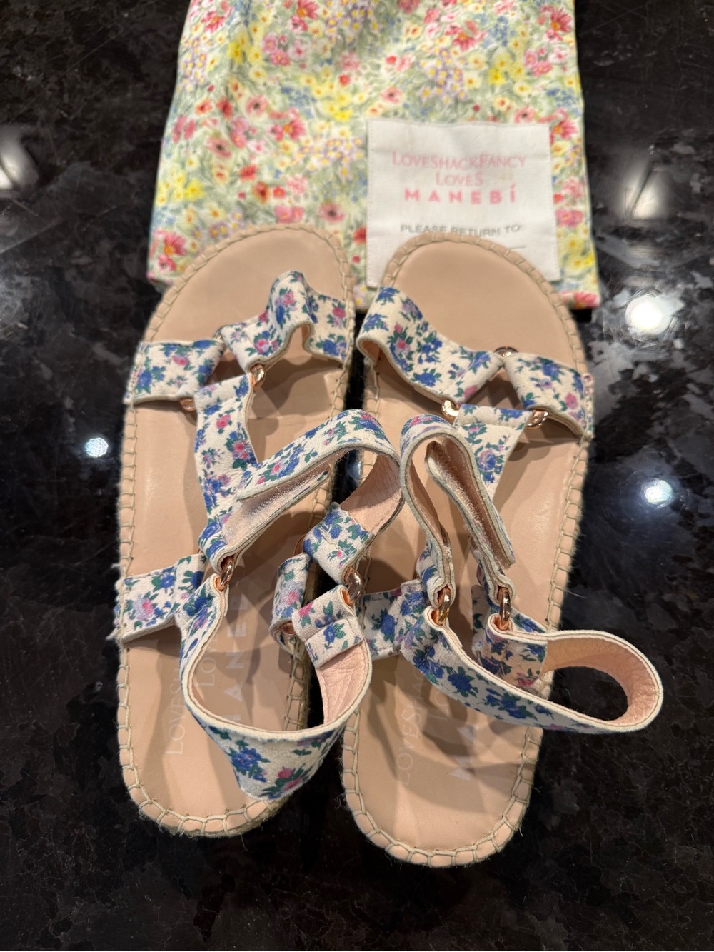 Manebi/Love Shack Fancy Floral Strap Sandals in Blue and Pink
